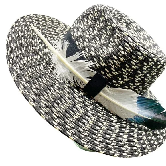 Black & White Straw Feather Fedora - Picture 3 of 13